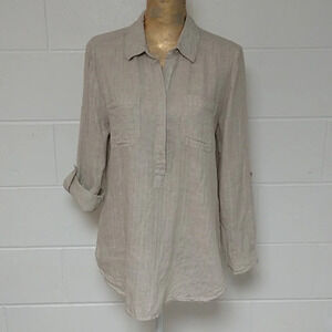 Chico's 100% Natural Linen/Roll Tab Sleeves/ Button down/Shirt/ Stripe/Blouse